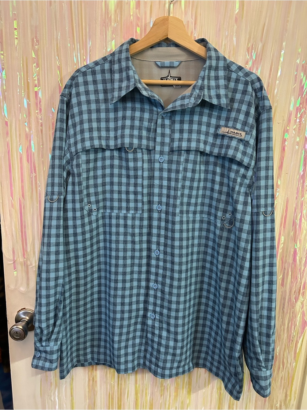 Habit Mens Belcoast Long sleeve fishing shirt blue plaid UPF 40 Vented Size L
